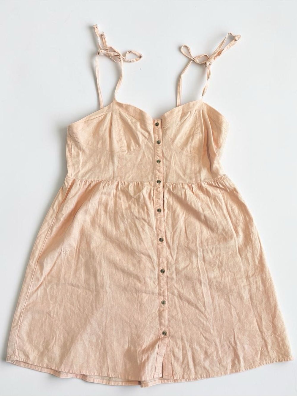 Aerie Peach Button Front Mini Dress Womens Large Smocked Back Tie Strap